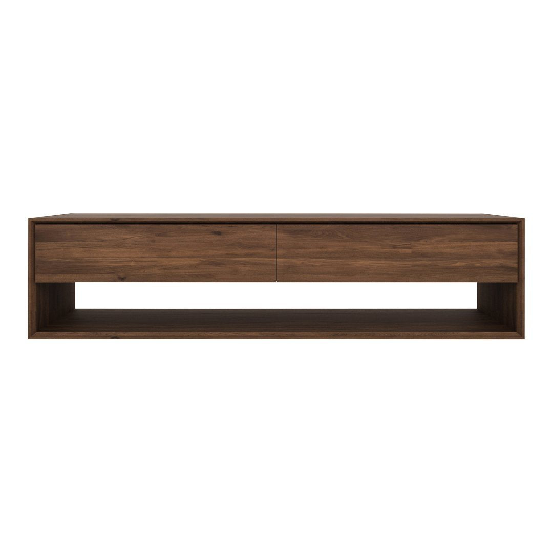 Brown wooden TV stand with a sleek, minimalist design and smooth finish, featuring two drawers and an open shelf.