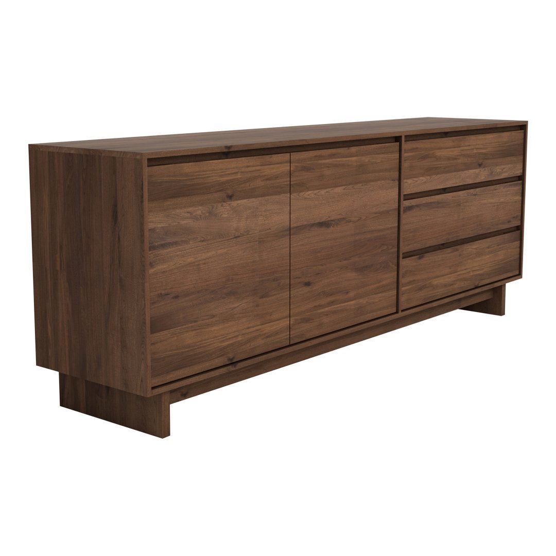 Modern wooden sideboard in rich walnut finish with sleek lines and subtle grain pattern. Ideal for contemporary spaces.