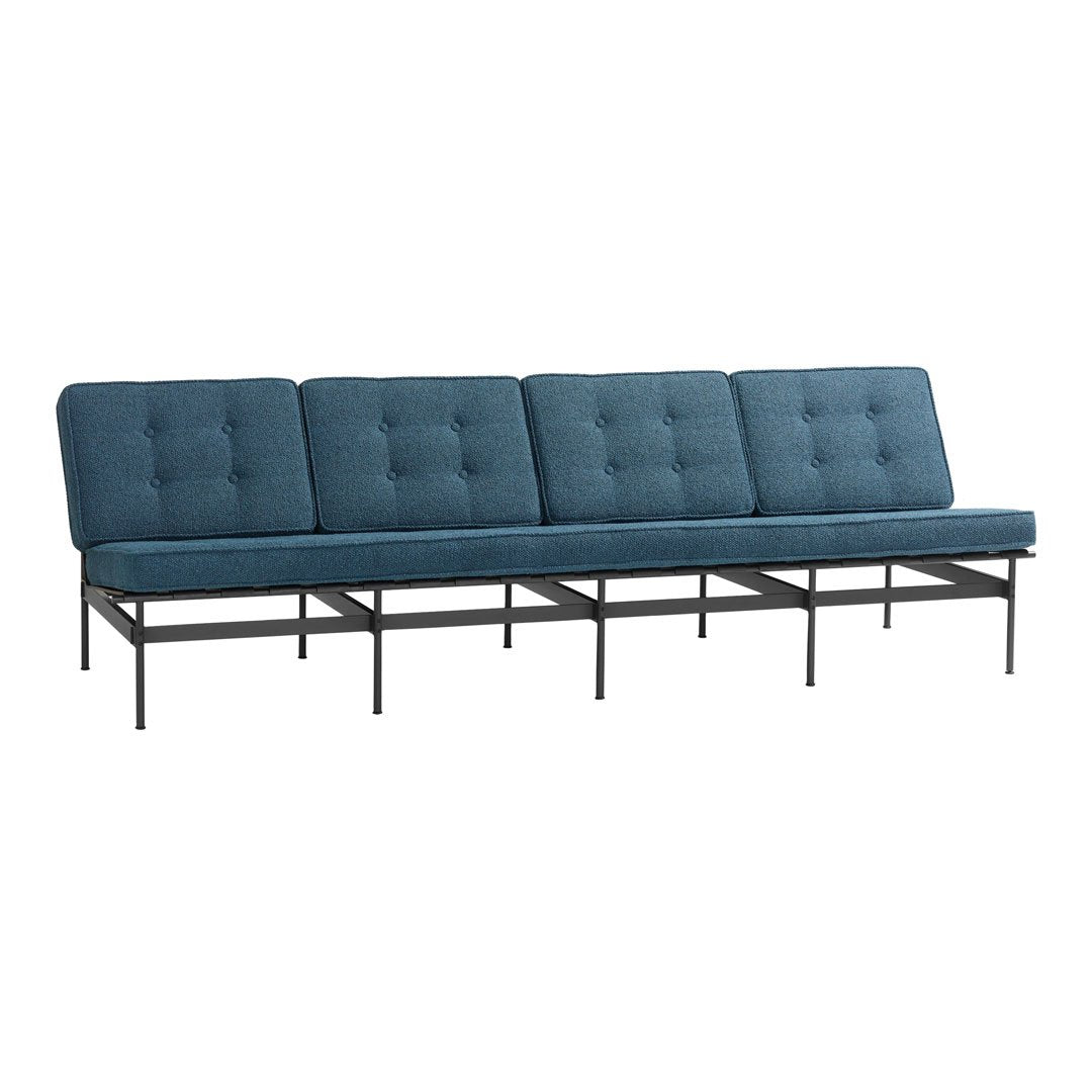 Blue tufted sofa with a sleek black metal frame, featuring a modern and minimalist design with no visible patterns.