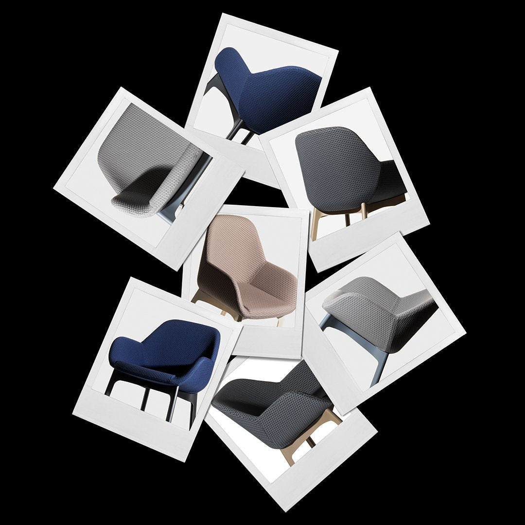 Collage of stylish chairs in gray, navy, blush, and soft black, showcasing modern designs and textures.