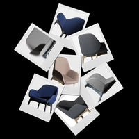 Collage of stylish chairs in gray, navy, blush, and soft black, showcasing modern designs and textures.