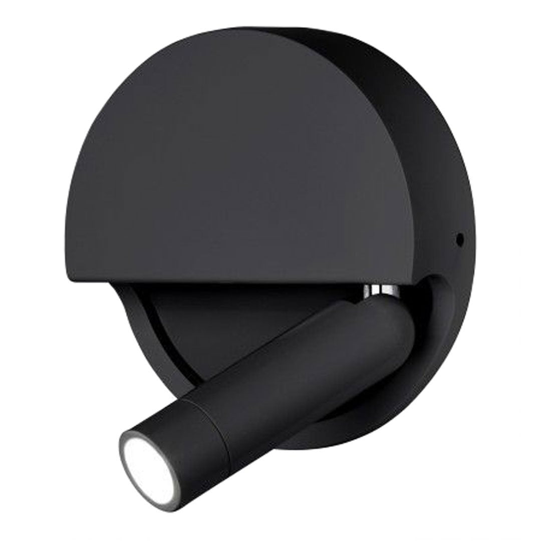 "Modern black wall lamp with a round backplate and minimalist design, featuring a sleek, adjustable spotlight."