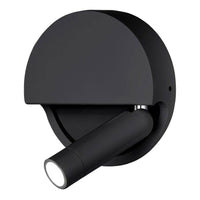 "Modern black wall lamp with a round backplate and minimalist design, featuring a sleek, adjustable spotlight."