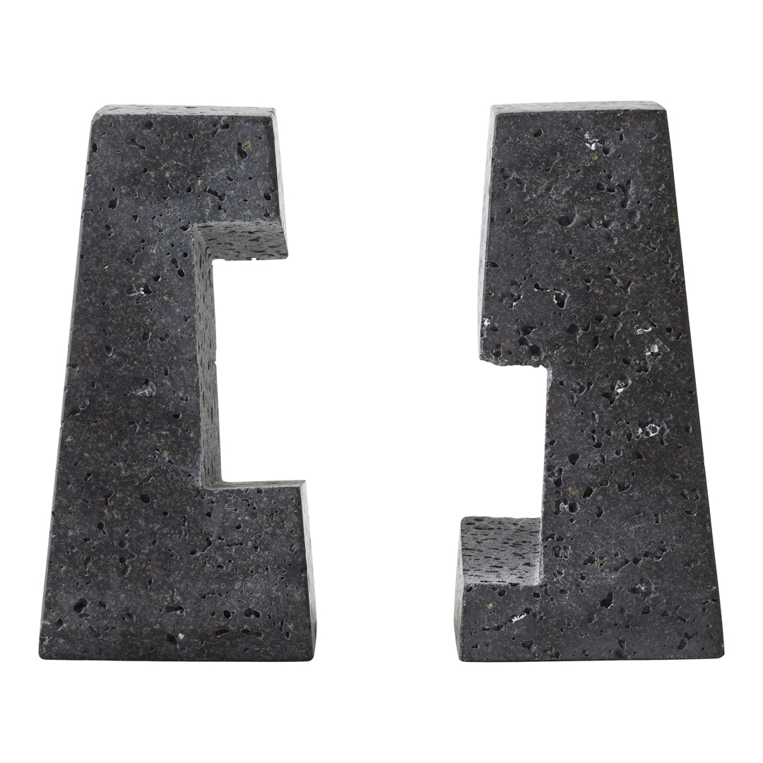 Black textured stone bookends with a modern geometric pattern, featuring cut-out shapes for a unique look.