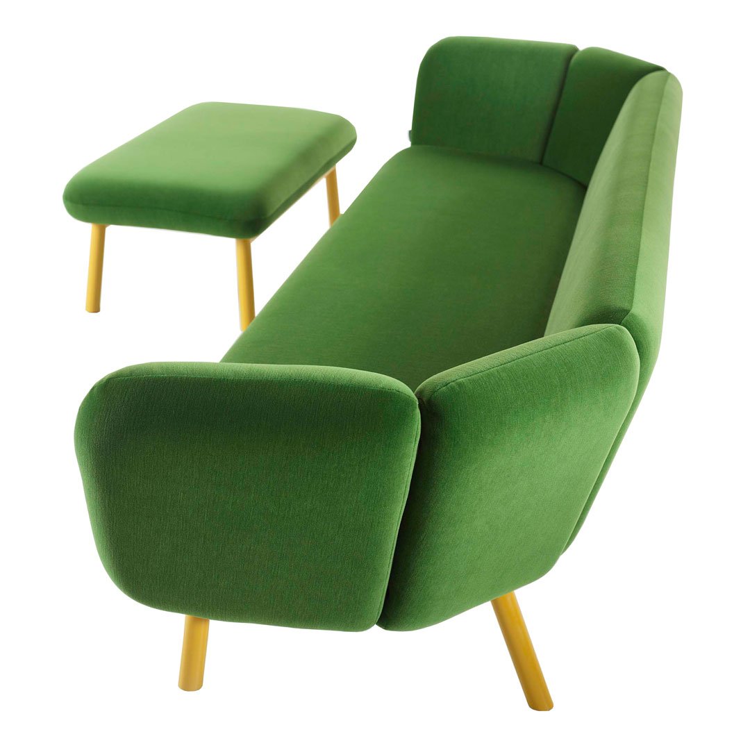 Green fabric sofa with clean lines and wooden legs, paired with a matching green side table.