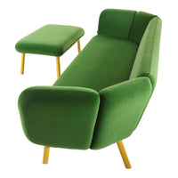 Green fabric sofa with clean lines and wooden legs, paired with a matching green side table.