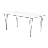 Sleek white tabletop with modern metal legs, featuring a minimalist design ideal for contemporary spaces.
