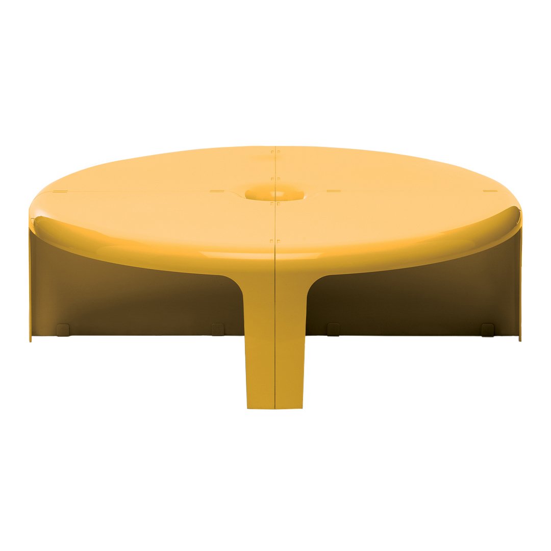 Bright yellow round table with a smooth surface and minimalist design. Suitable for indoor or outdoor use.