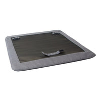 Gray pet bed with a sleek, dark center panel, featuring a simple, modern design and soft fabric texture.