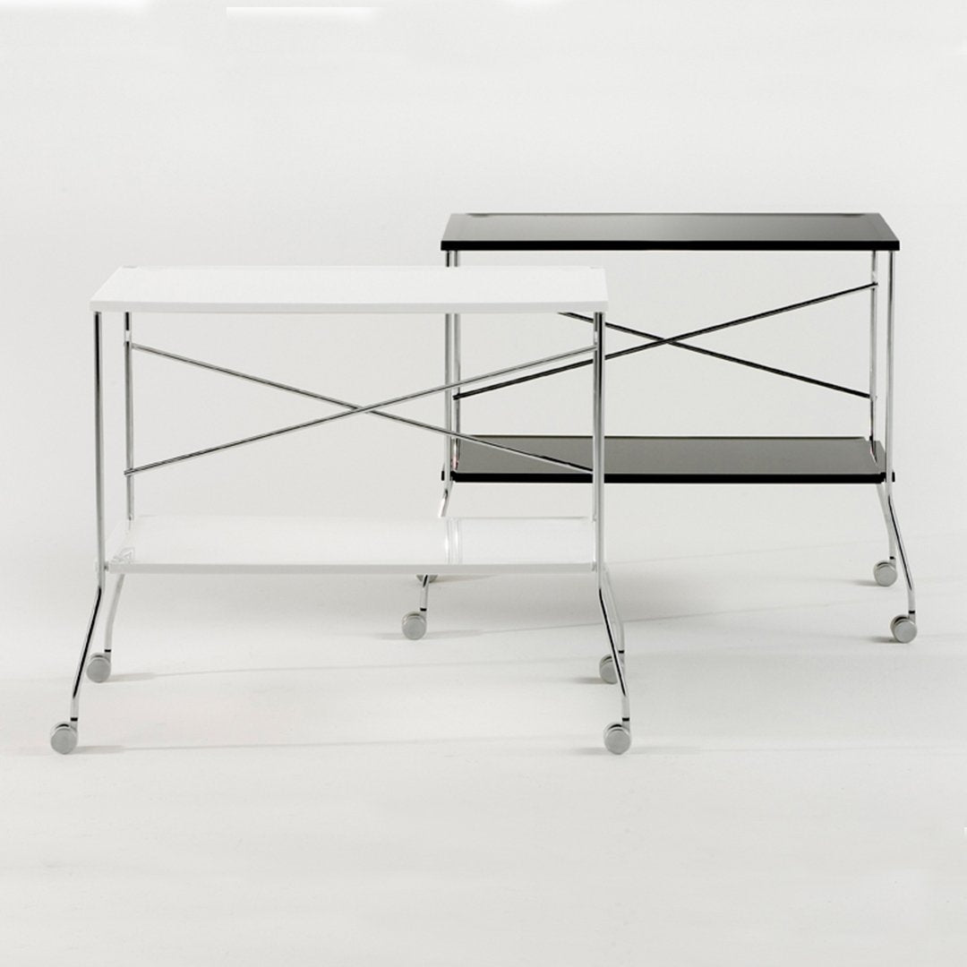 "Modern metal rolling carts in sleek black and white with minimalist design and clear glass shelves."
