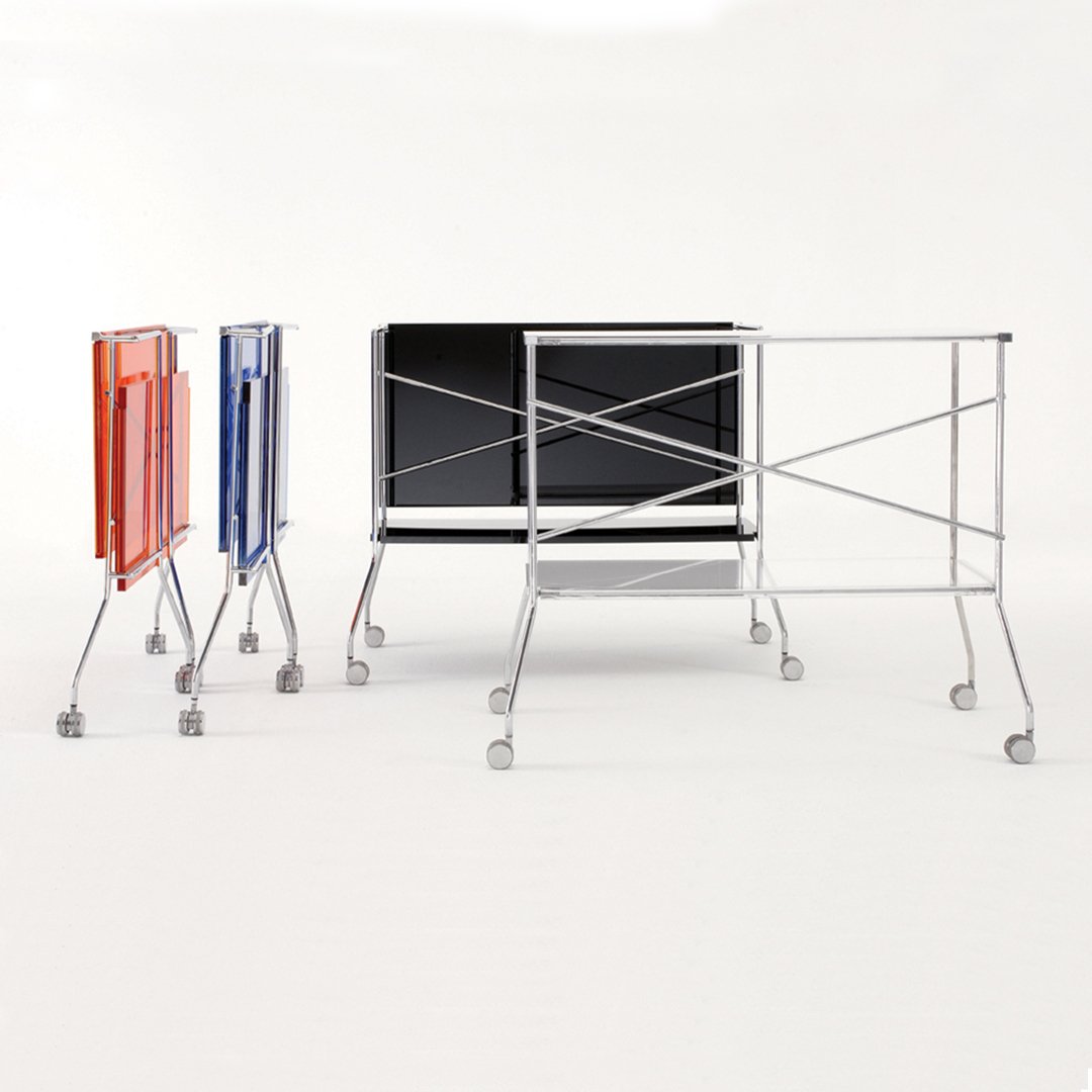 Colorful metal cart with orange, blue, and gray finishes; sleek chrome accents and modern design. Perfect for organizing.