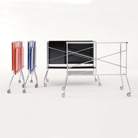 Colorful metal cart with orange, blue, and gray finishes; sleek chrome accents and modern design. Perfect for organizing.