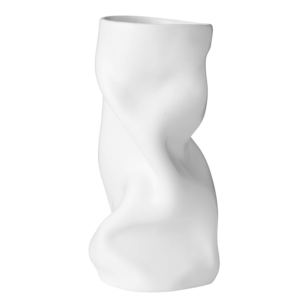 Textured white ceramic vase with a unique twisted shape and a smooth matte finish. Perfect for modern decor.