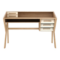 Light wood desk with white accents and minimalist design, featuring a smooth finish and sleek modern lines.