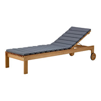 Gray-striped cushion on a wood lounge chair with a natural finish and sleek design. Perfect for outdoor relaxation.