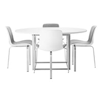 Round white dining table with five sleek white chairs featuring soft gray accents and a minimalist design.