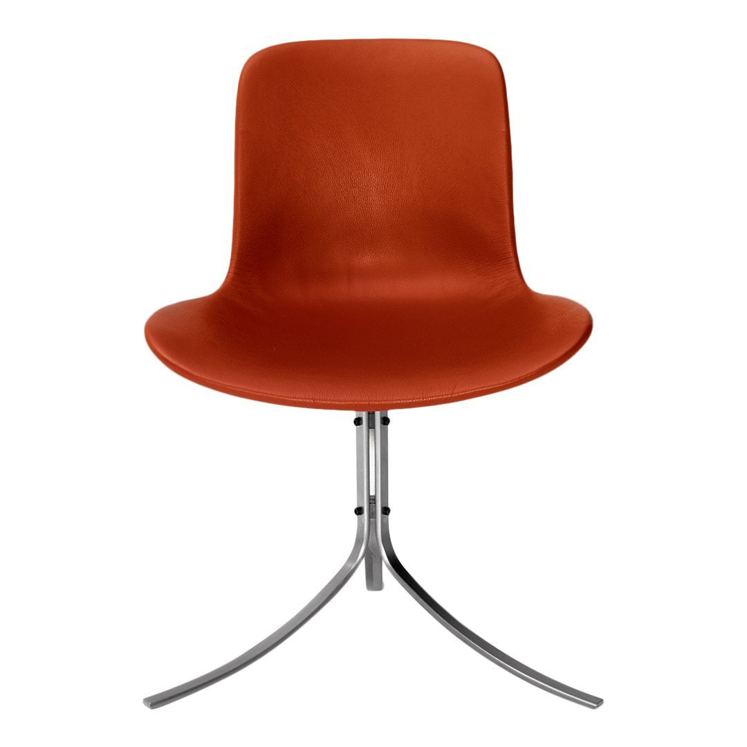 Modern chair in rich rust orange with a sleek silver base, featuring a smooth, minimalist design.