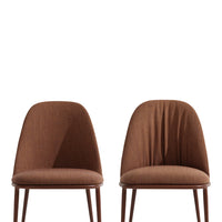 Set of two brown upholstered chairs with smooth contours and subtle texture on the fabric. Perfect for modern decor.
