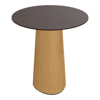 Dark brown round tabletop with a light natural wood cone pedestal, featuring smooth grain patterns.