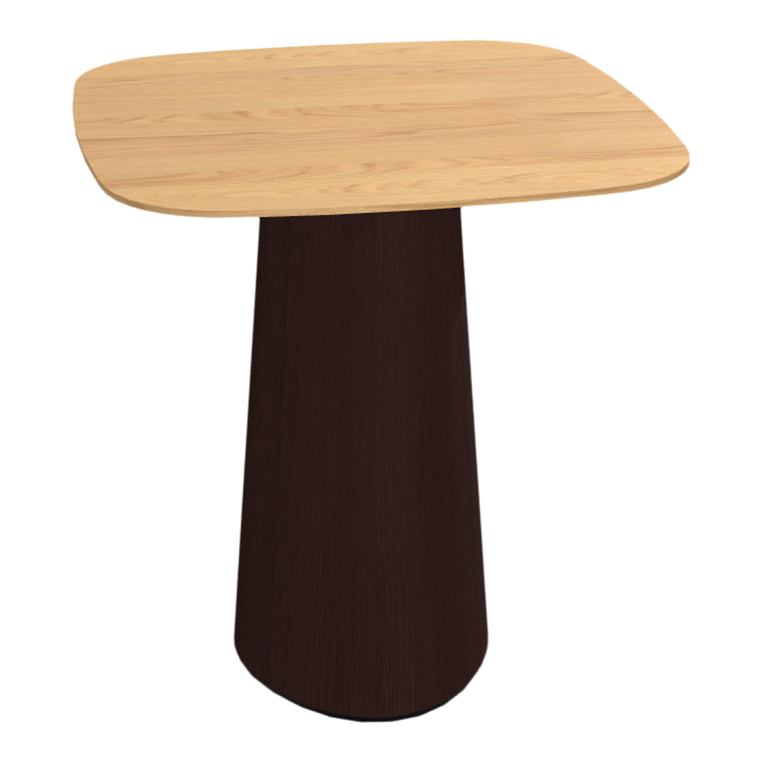 Natural wood top with light oak finish, paired with a sleek dark brown pedestal base. Modern and stylish design.