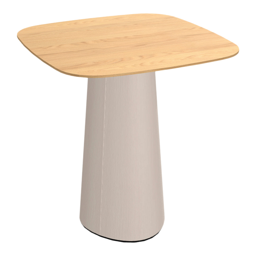 Light wood tabletop with a smooth, beige tapered base, featuring a modern minimalist design. Perfect for contemporary spaces.