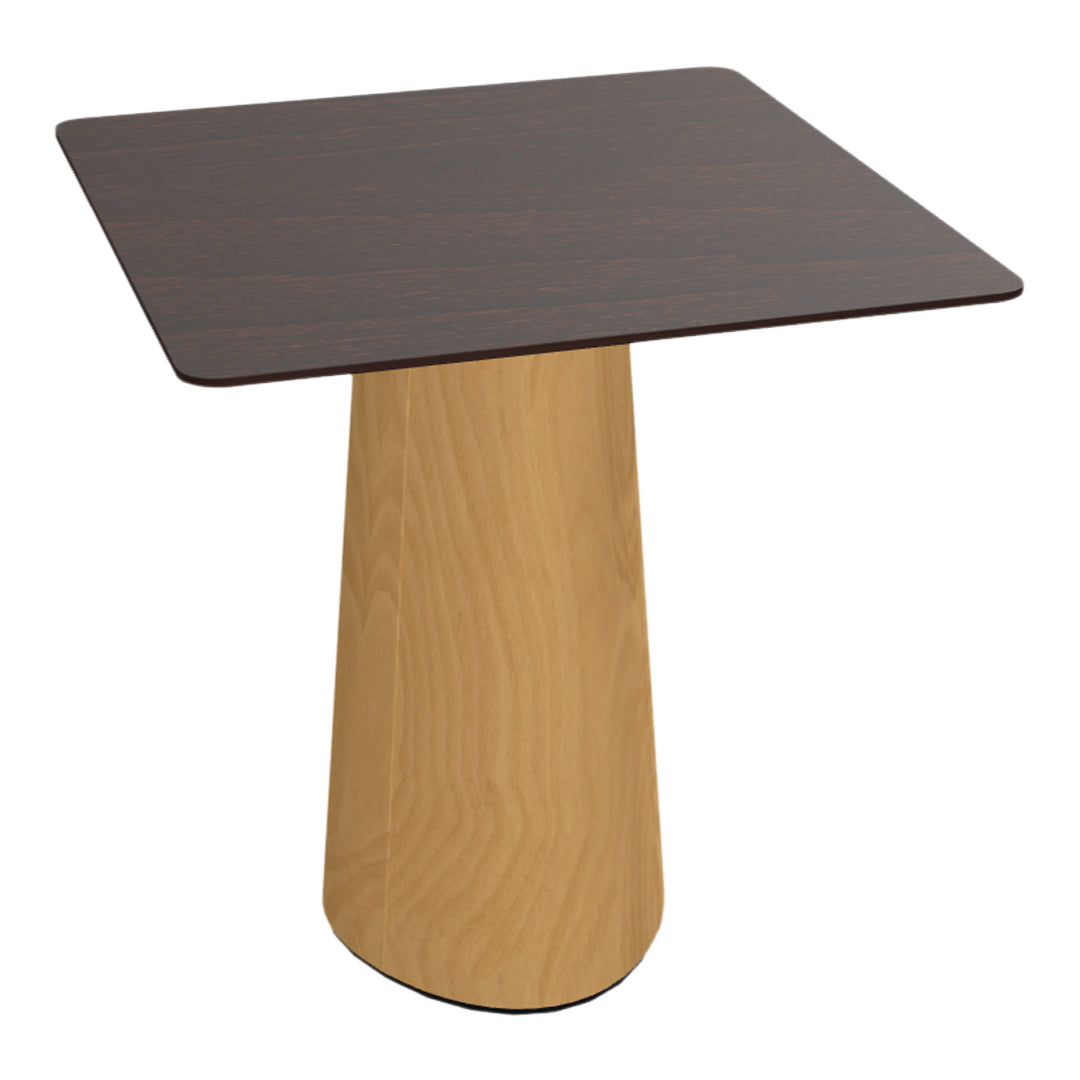 Brown square tabletop with a smooth wood grain finish atop a light wood, tapered base. Modern and minimalist design.