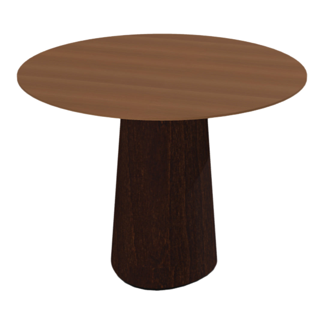 Round table with a warm, brown wood top and dark wood base, featuring a smooth finish and natural grain patterns.