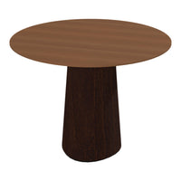 Round table with a warm, brown wood top and dark wood base, featuring a smooth finish and natural grain patterns.