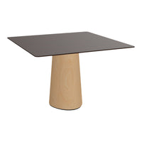 Modern square table with a dark brown top and light wooden tapered base, showcasing minimalist design.