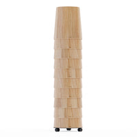 Wooden floor lamp with a light natural finish and stacked, layered design, enhancing modern decor aesthetics.