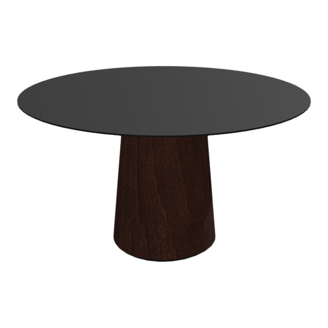 Round black tabletop with a dark wood base, showcasing a modern and sleek design. Ideal for contemporary interiors.