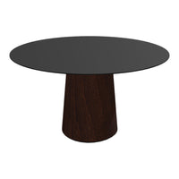 Round black tabletop with a dark wood base, showcasing a modern and sleek design. Ideal for contemporary interiors.