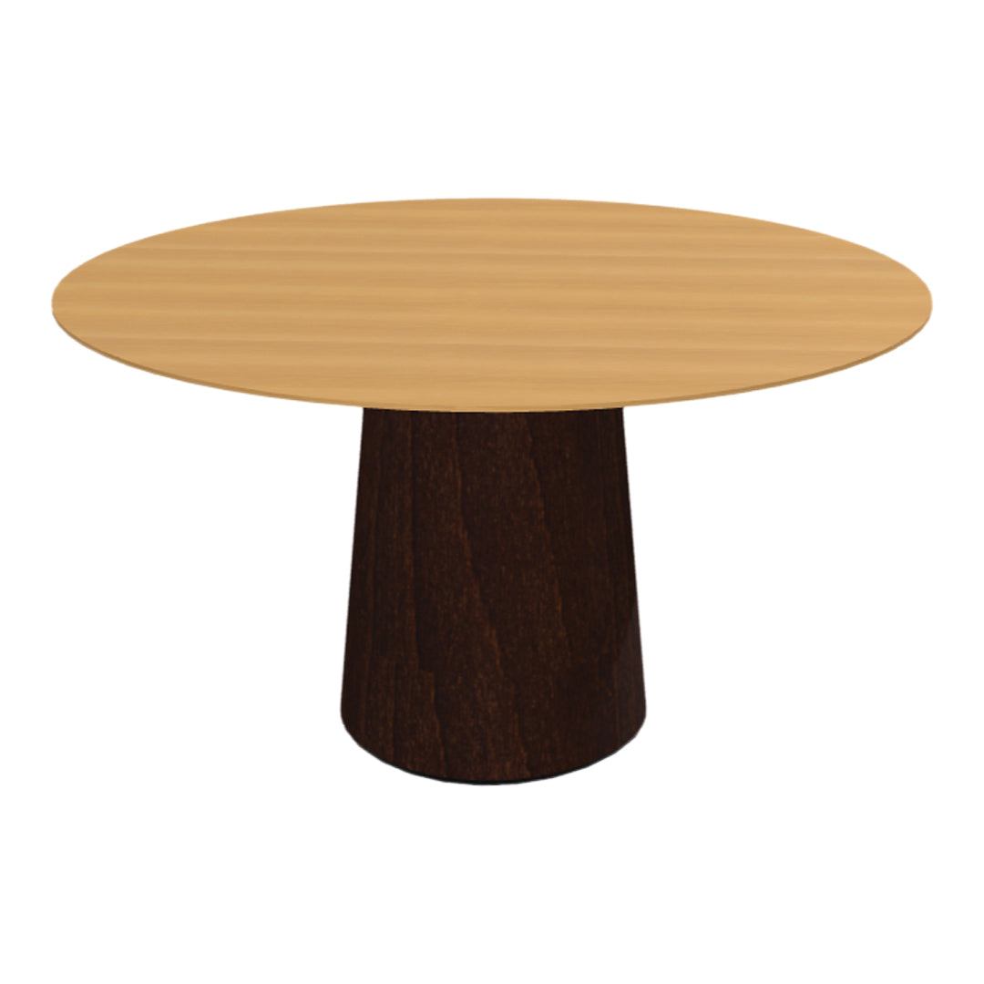 Round table with a light wood top and dark wood pedestal base, featuring subtle grain patterns.