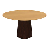 Round table with a light wood top and dark wood pedestal base, featuring subtle grain patterns.