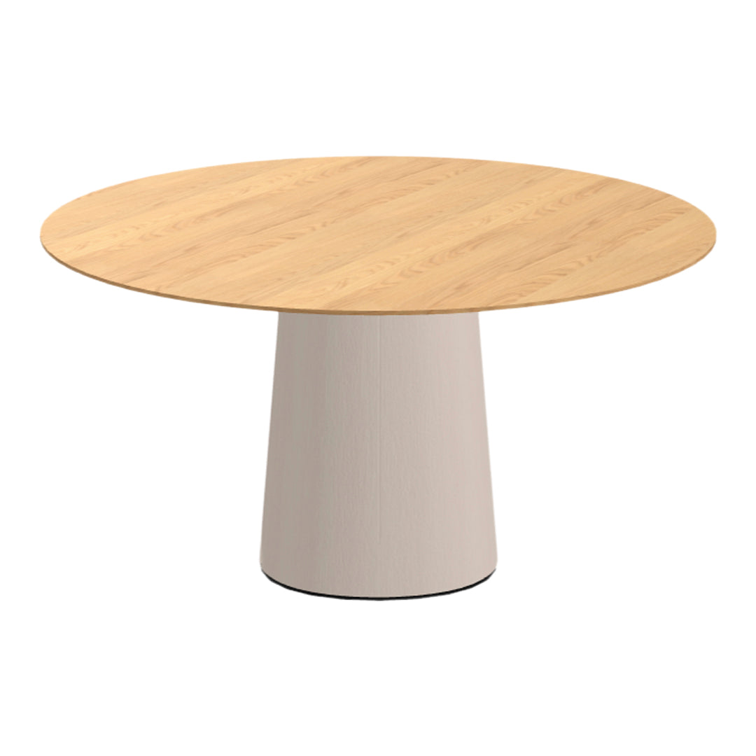 Round wooden table with a light oak top and a smooth beige base, featuring a minimal design.