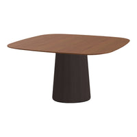 Brown wooden tabletop with a smooth, rounded edge and a dark base, featuring a minimalist design. Perfect for modern decor.
