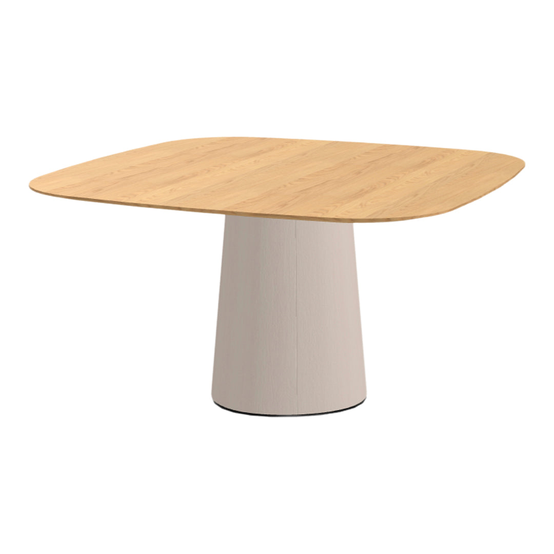 Light wood tabletop with a natural grain, complemented by a smooth, light gray, cylindrical base. Modern design elements.
