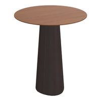 Round wooden side table with a light brown top and dark brown tapered base, showcasing a modern, minimalist design.