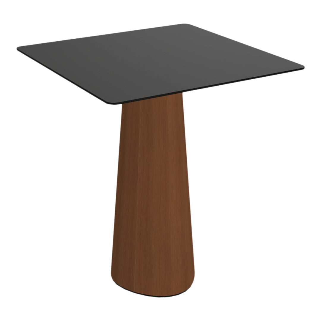 Black square tabletop with a warm, rich brown conical base. Modern, minimalist design for stylish decor.
