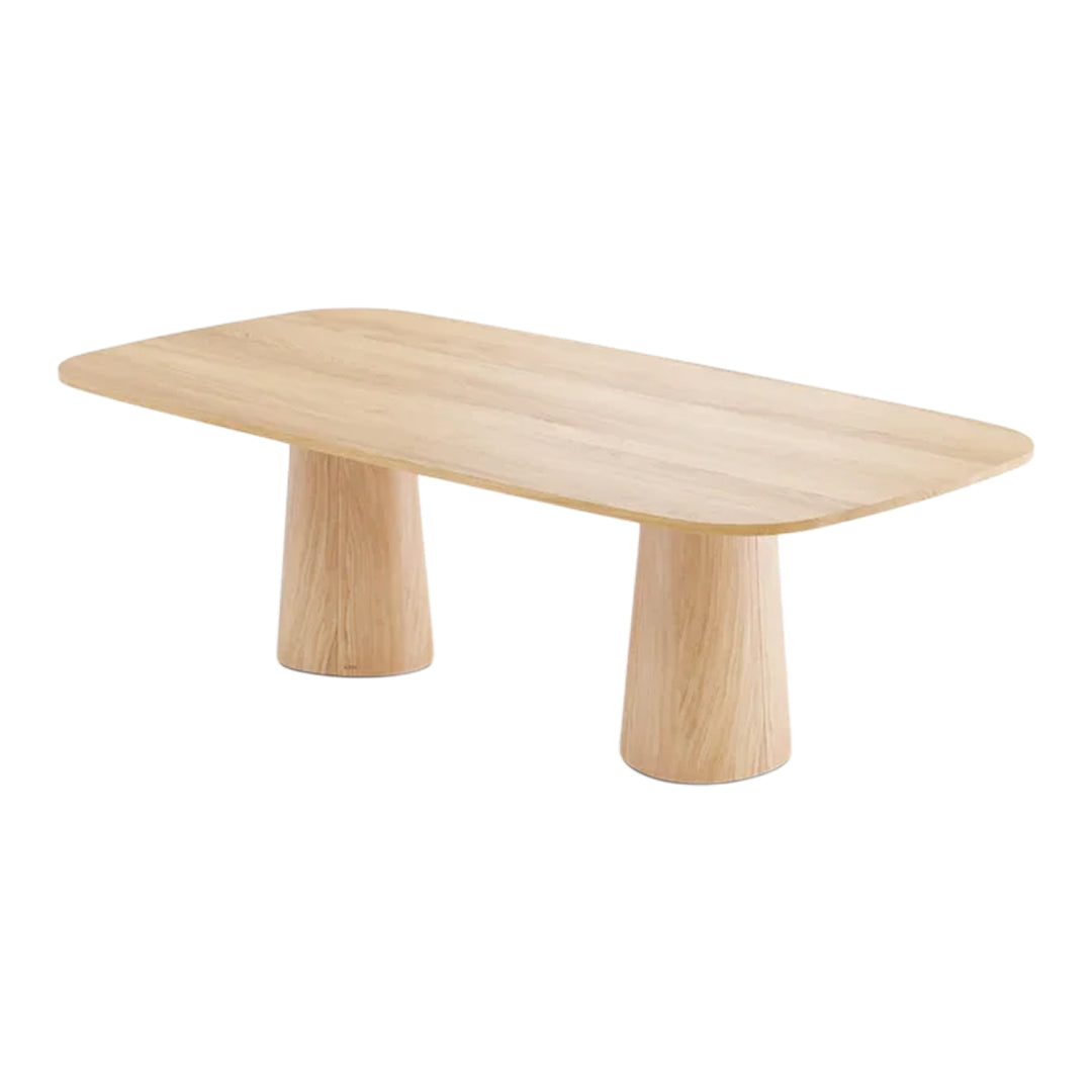 Light natural wood coffee table with a smooth oval top and rounded cylindrical legs. Elegant minimalist design.
