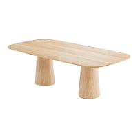 Light natural wood coffee table with a smooth oval top and rounded cylindrical legs. Elegant minimalist design.