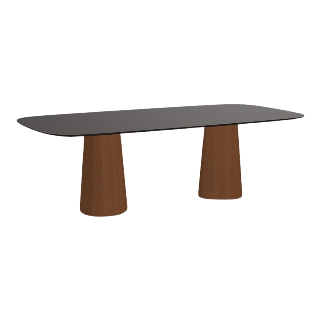 Black tabletop with smooth finish and warm brown wooden base, featuring a modern, minimalist design.