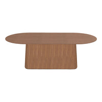 Modern oval walnut dining table with a smooth wood grain finish and warm brown tones. Perfect for stylish interiors.