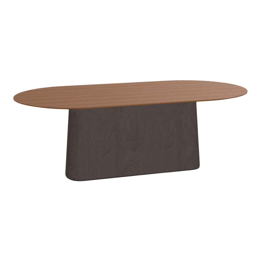 Brown oval tabletop with a dark wood grain finish on the base, perfect for modern dining or workspace settings.