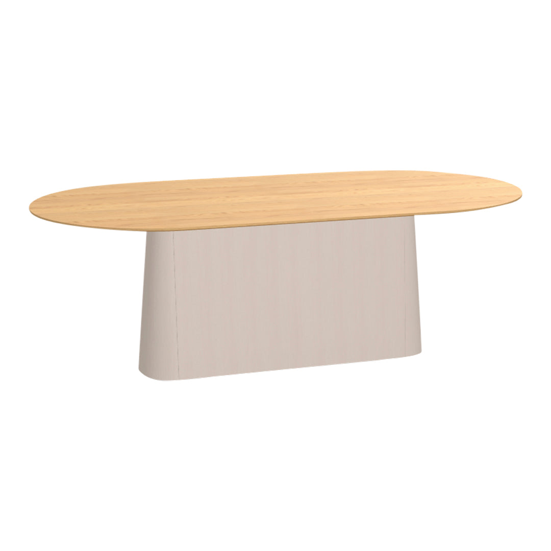 Light wood oval tabletop with a soft beige base for a modern aesthetic. Stylish and minimalist design.