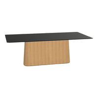 Modern rectangular table featuring a sleek black top and a light wood base in a clean, minimalist design.