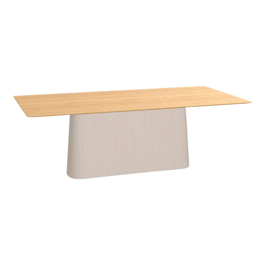 Light wood table with a natural finish atop a soft beige base, featuring clean, modern lines.