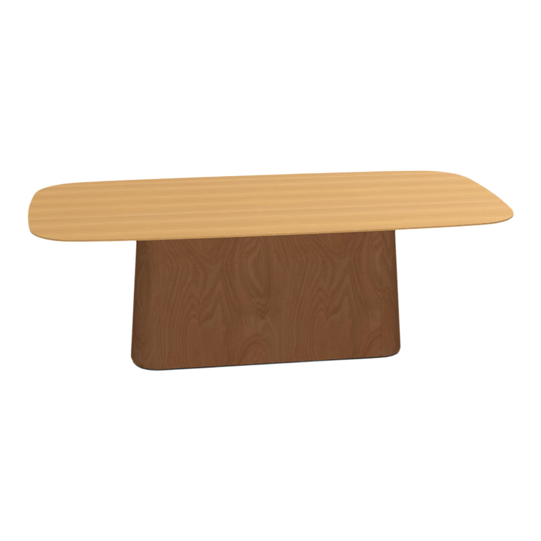 Light wooden tabletop with subtle stripes, paired with a rich brown textured base. Ideal for modern decor.