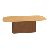 Light wooden tabletop with subtle stripes, paired with a rich brown textured base. Ideal for modern decor.