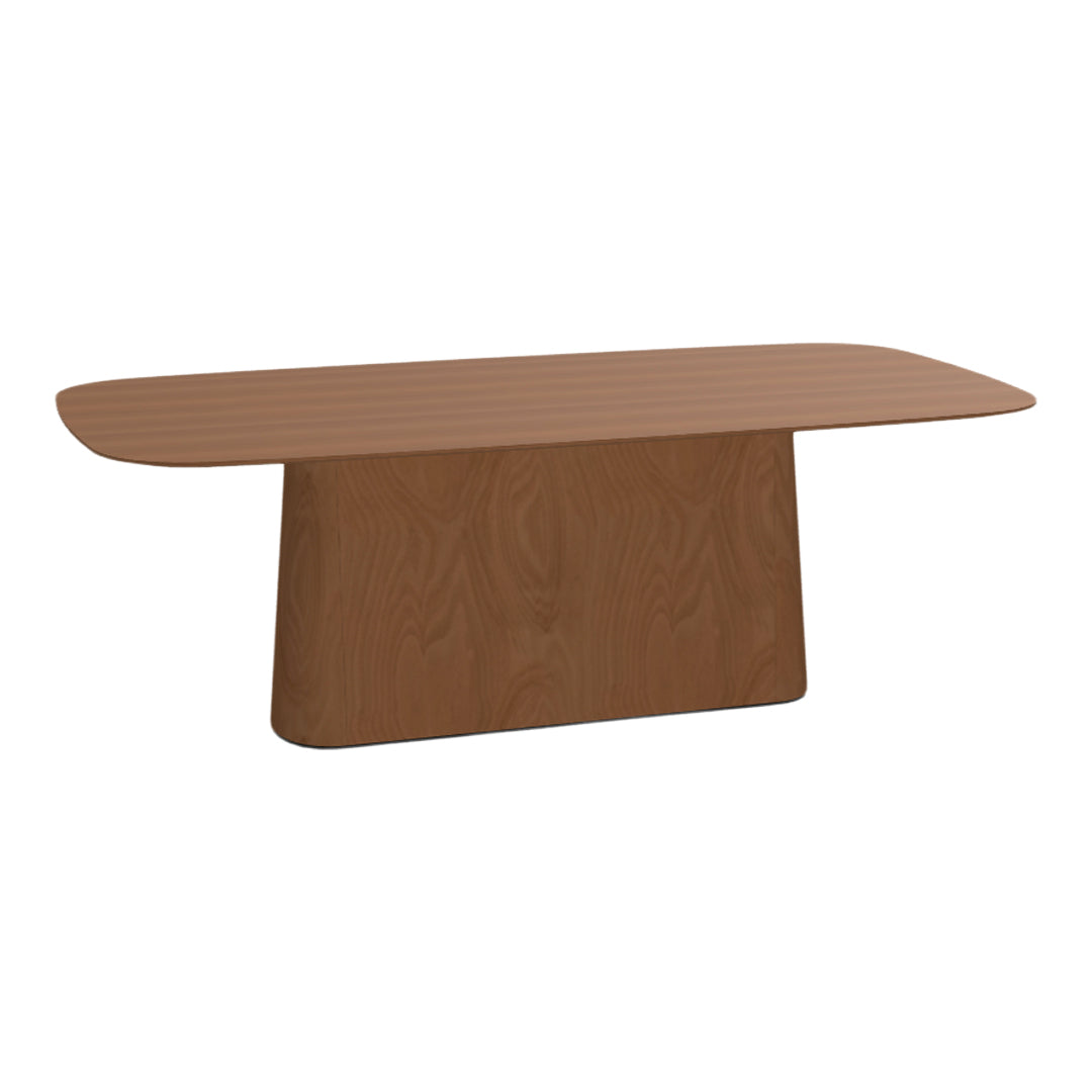 Brown oval coffee table with a smooth striped pattern and a sleek, modern design. Perfect for contemporary decor.
